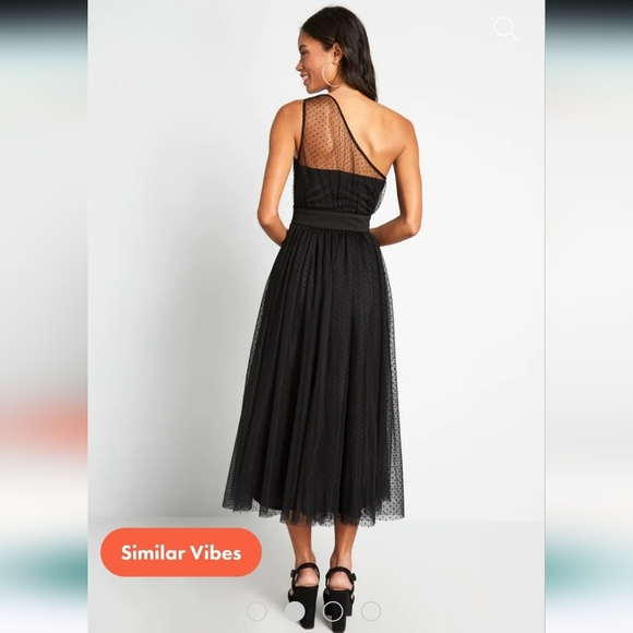 NWT $168 Modcloth Night Long One-Shoulder Dotted Tulle Dress In Black Size S - Picture 3 of 11